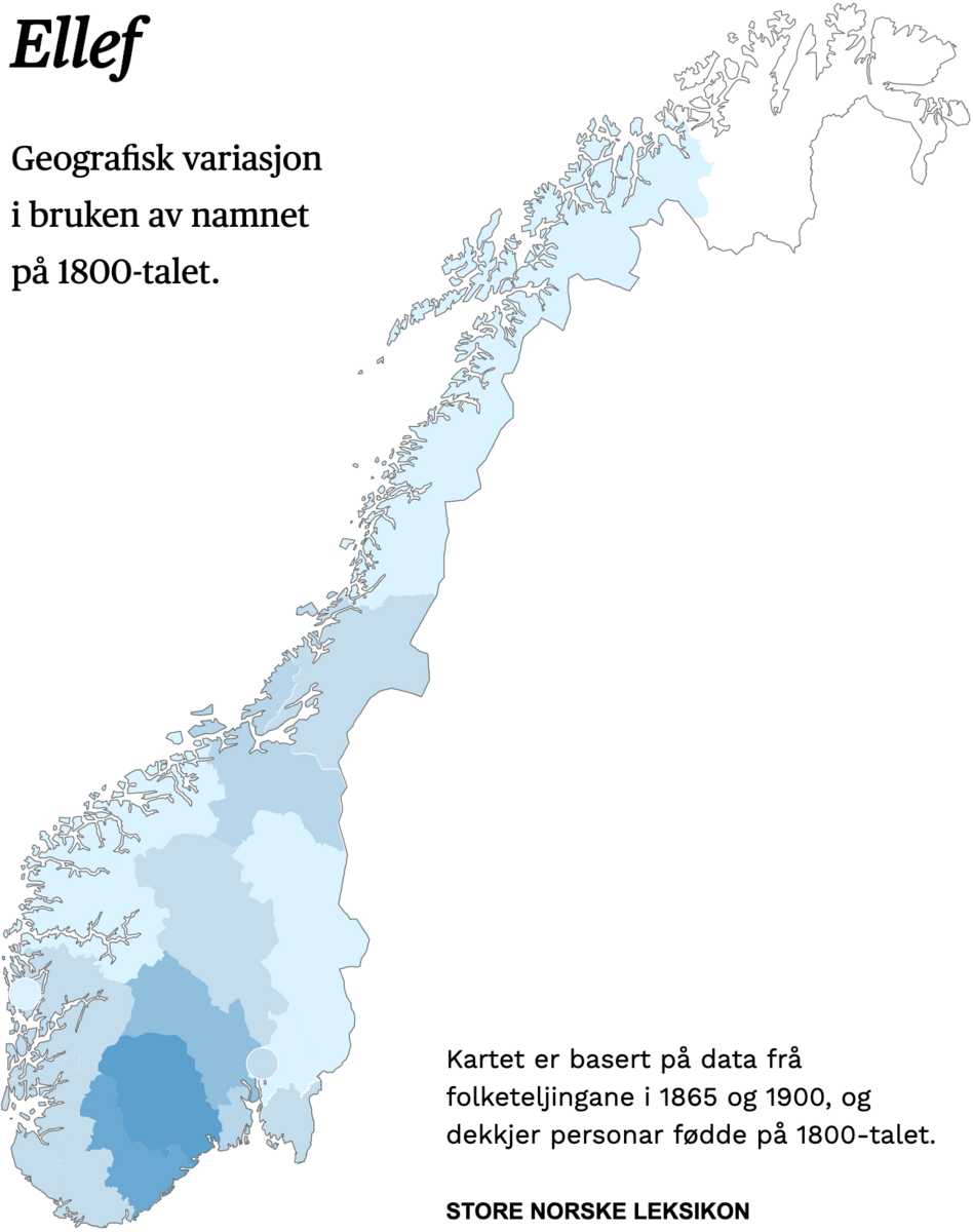 Geografisk variasjon i bruk av namnet Ellef på 1800-talet.