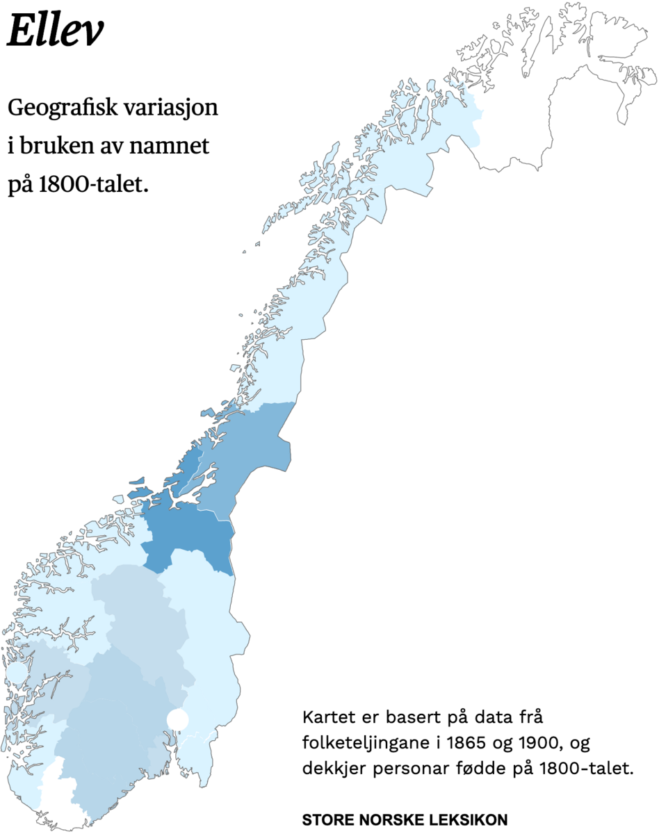 Geografisk variasjon i bruk av namnet Ellev på 1800-talet.
