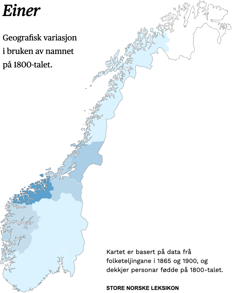 Geografisk variasjon i bruk av namnet Einer på 1800-talet.