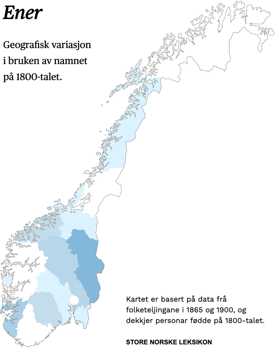 Geografisk variasjon i bruk av namnet Ener på 1800-talet.