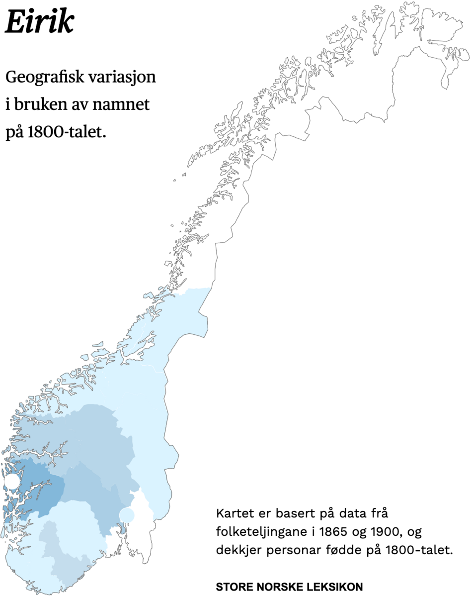 Geografisk variasjon i bruk av namnet Eirik på 1800-talet.