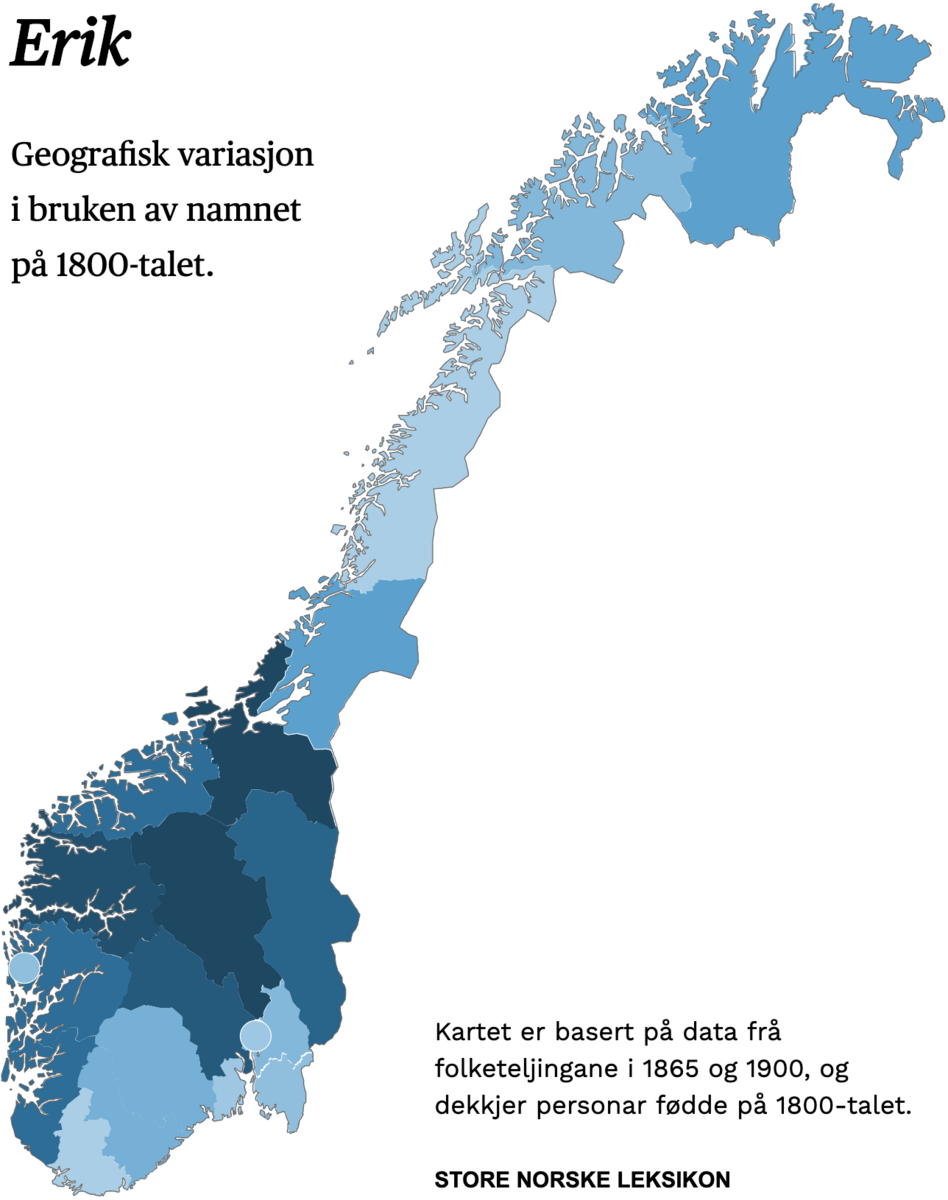 Geografisk variasjon i bruk av namnet Erik på 1800-talet.