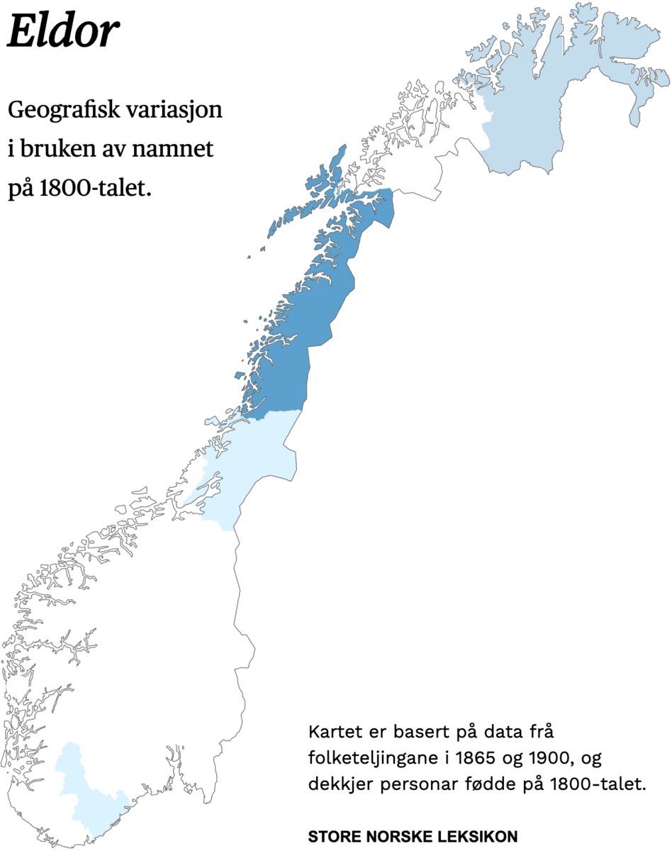 Geografisk variasjon i bruk av namnet Eldor på 1800-talet.