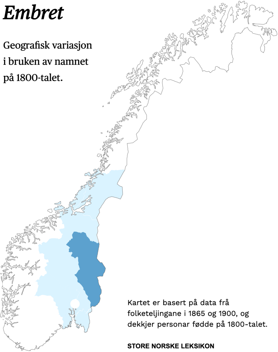 Geografisk variasjon i bruk av namnet Embret på 1800-talet.