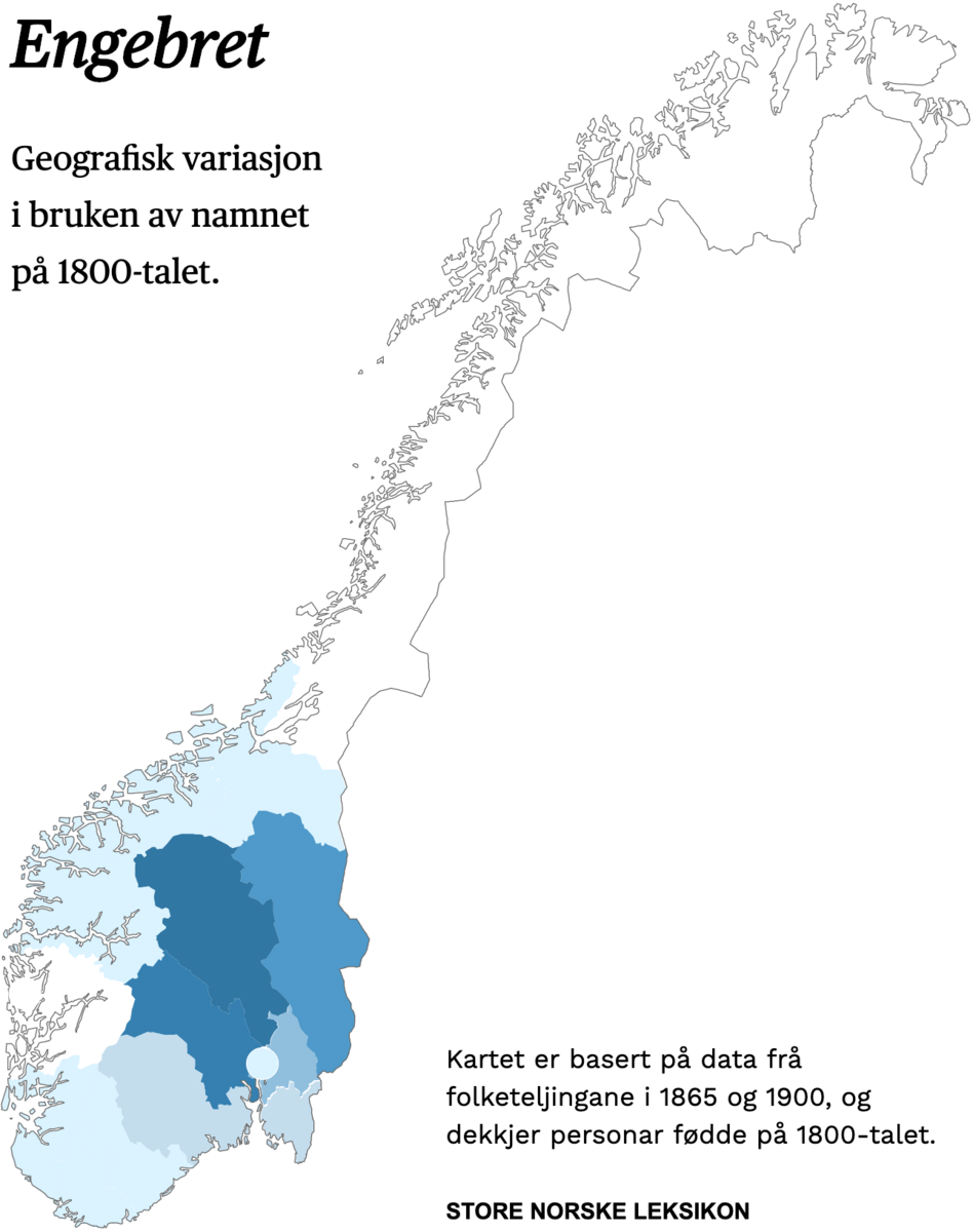 Geografisk variasjon i bruk av namnet Engebret på 1800-talet.