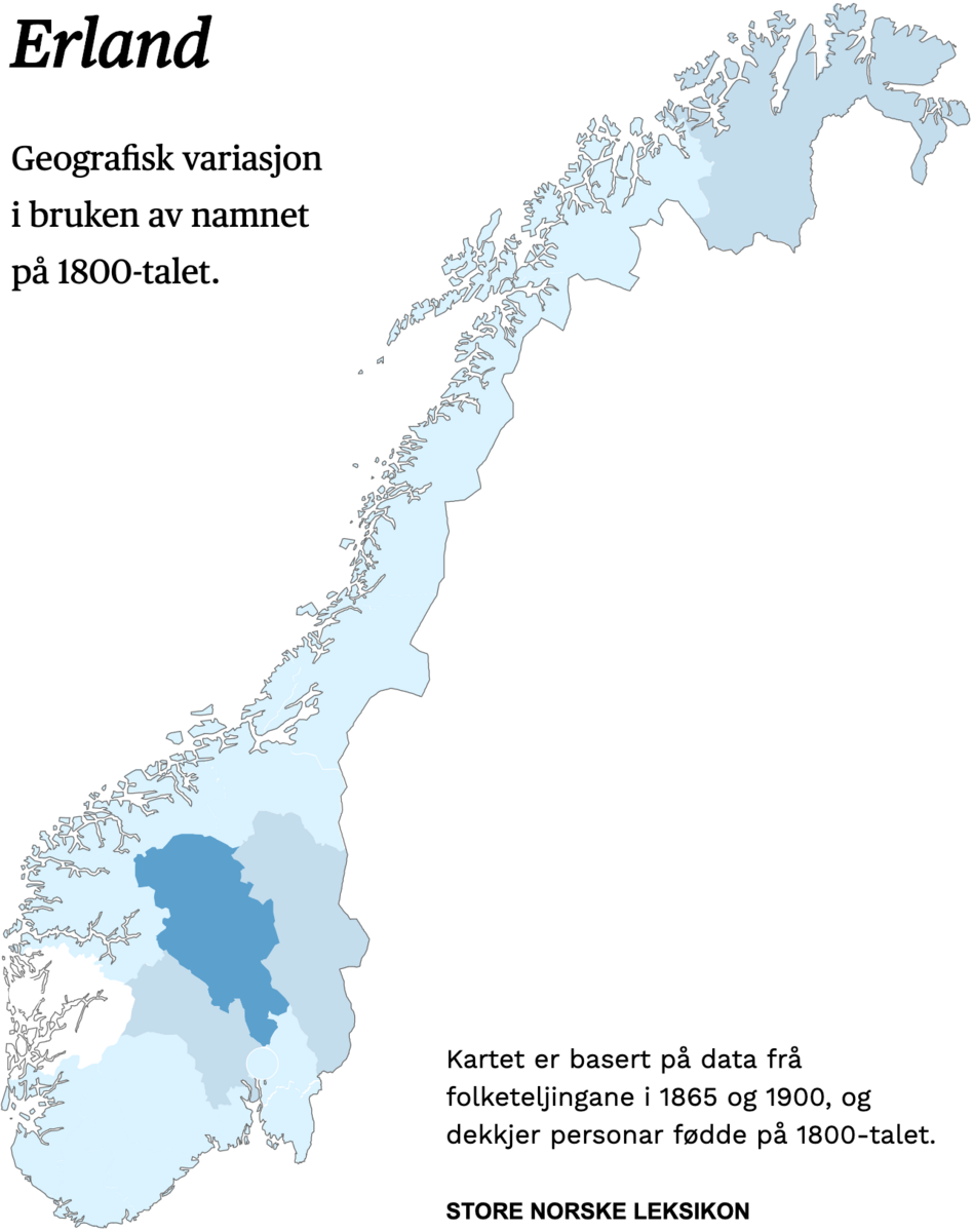 Geografisk variasjon i bruk av namnet Erland på 1800-talet.