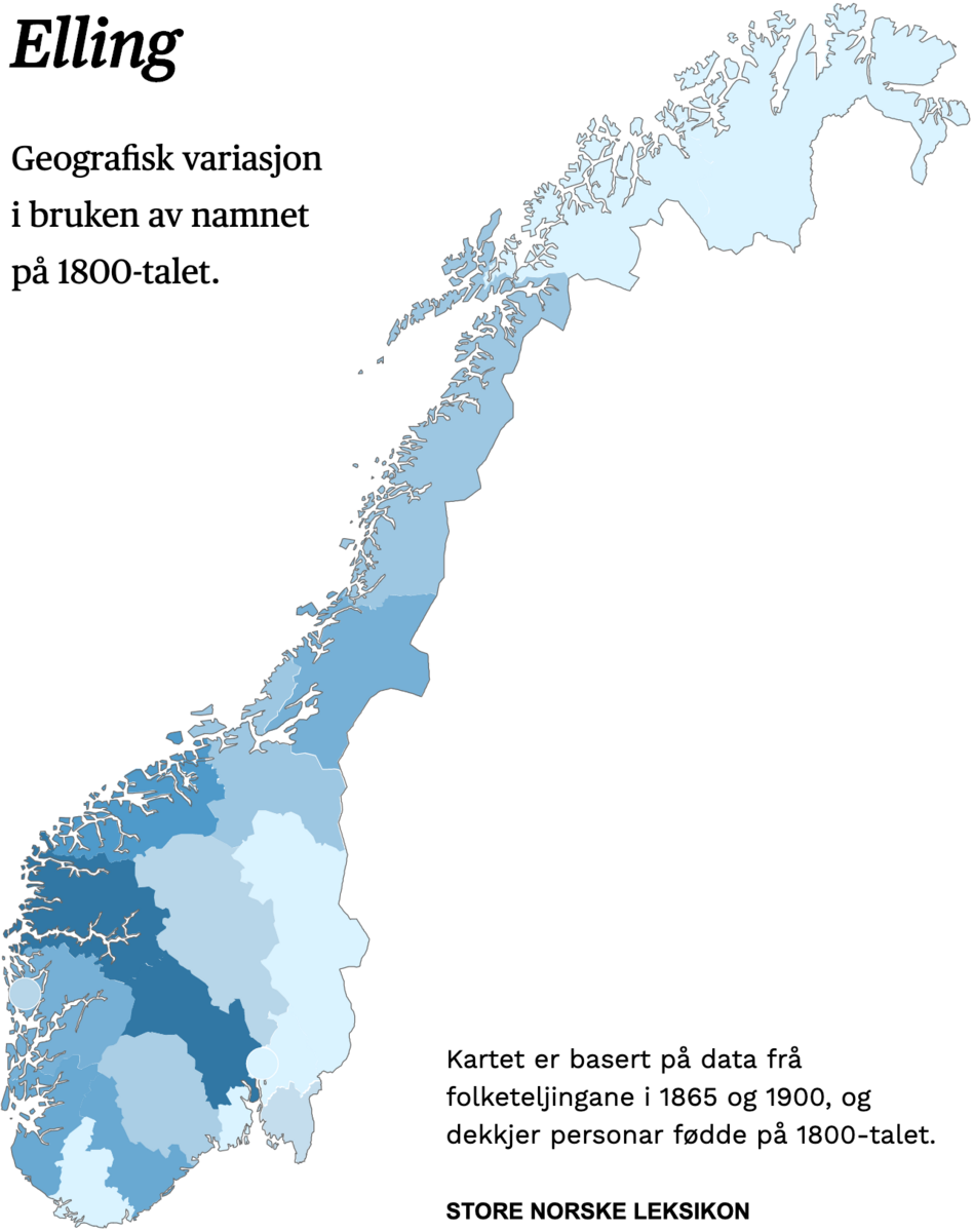 Geografisk variasjon i bruk av namnet Elling på 1800-talet.