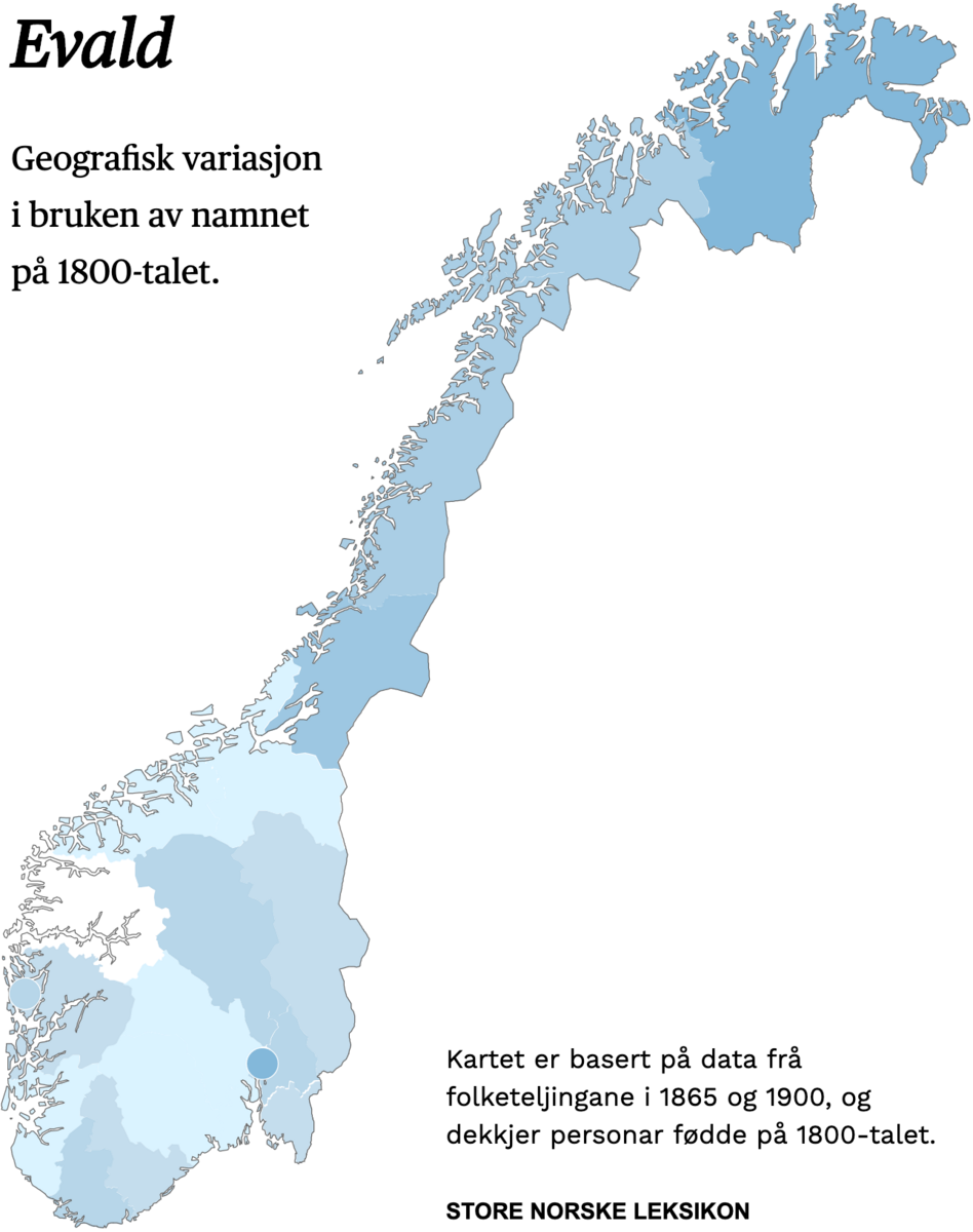 Geografisk variasjon i bruk av namnet Evald på 1800-talet.