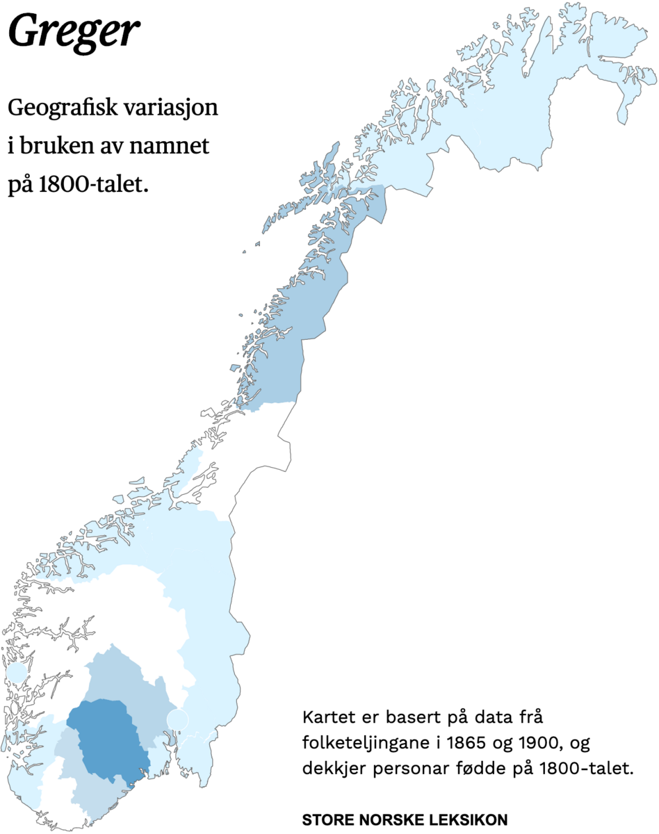 Geografisk variasjon i bruk av namnet Greger på 1800-talet.