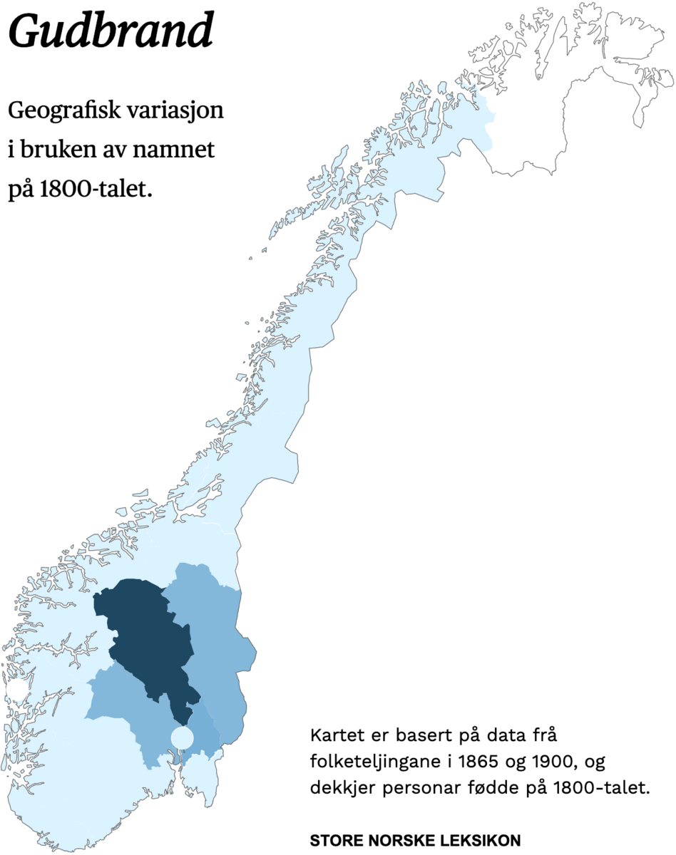 Geografisk variasjon i bruk av namnet Gudbrand på 1800-talet.