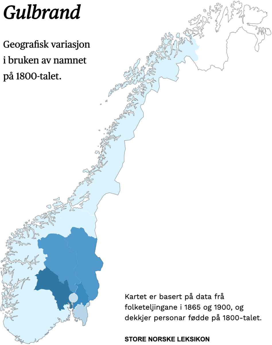 Geografisk variasjon i bruk av namnet Gulbrand på 1800-talet.