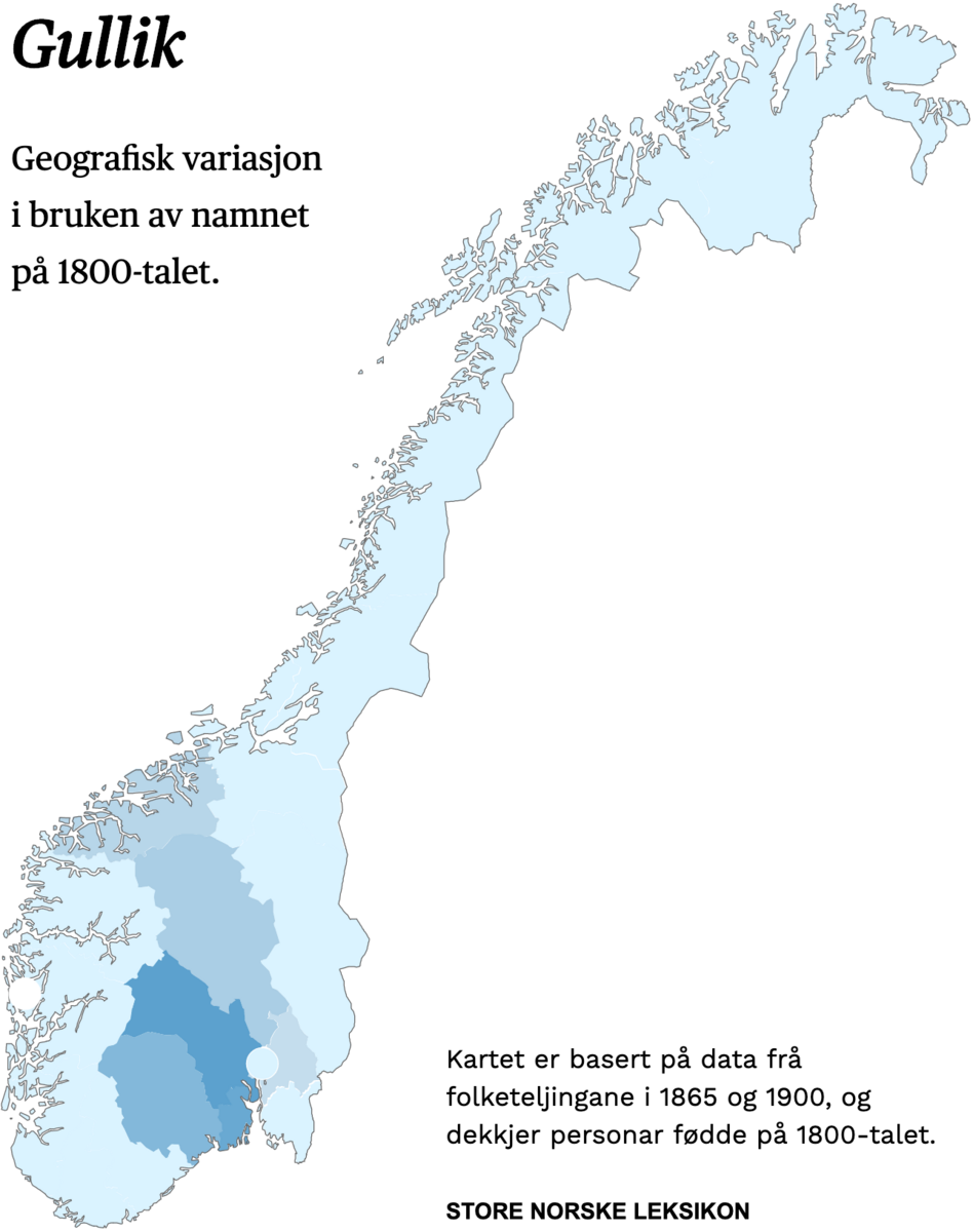 Geografisk variasjon i bruk av namnet Gullik på 1800-talet.