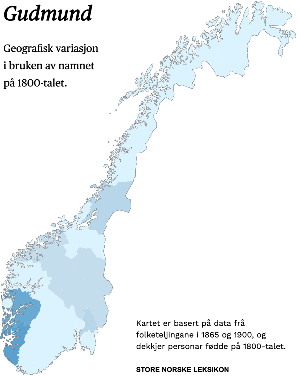 Geografisk variasjon i bruk av namnet Gudmund på 1800-talet.