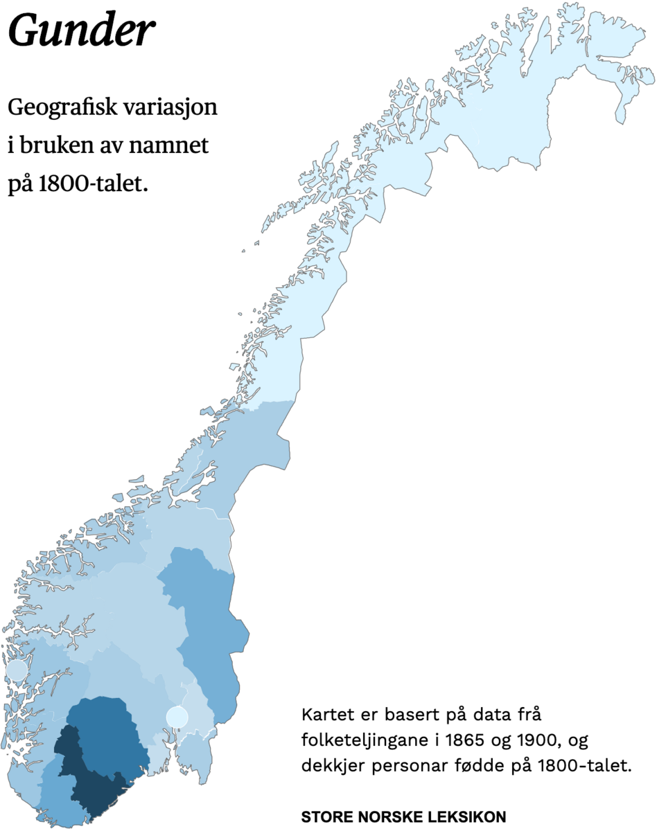 Geografisk variasjon i bruk av namnet Gunder på 1800-talet.