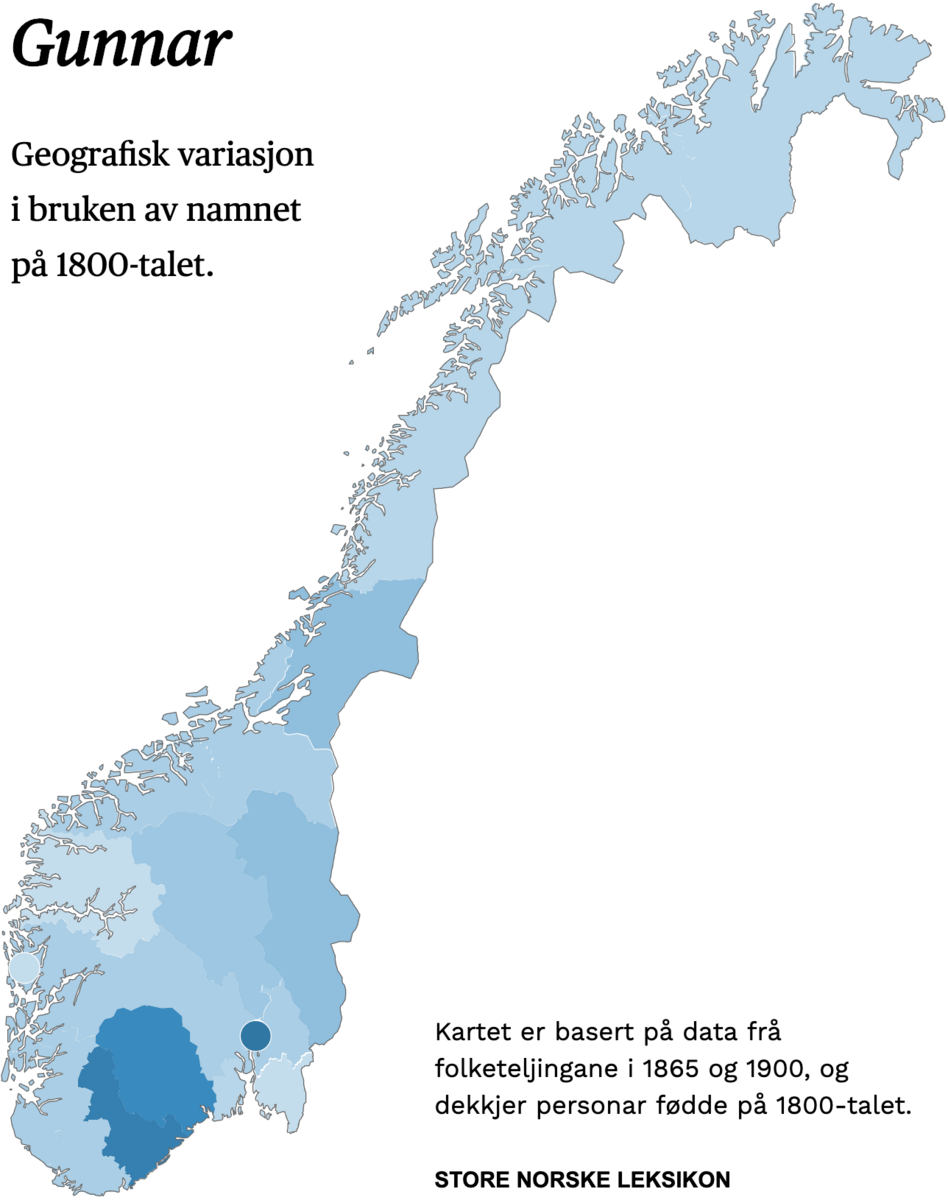 Geografisk variasjon i bruk av namnet Gunnar på 1800-talet.