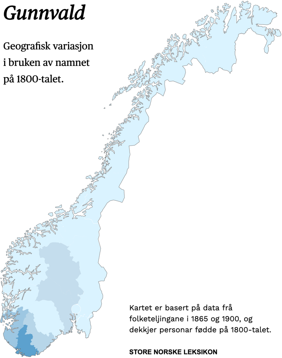 Geografisk variasjon i bruk av namnet Gunnvald på 1800-talet.