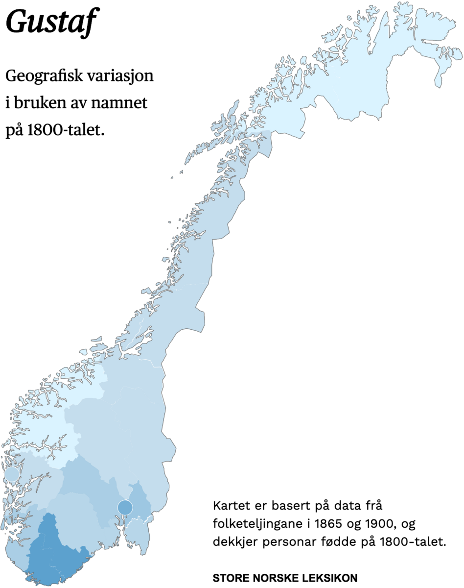 Geografisk variasjon i bruk av namnet Gustaf på 1800-talet.