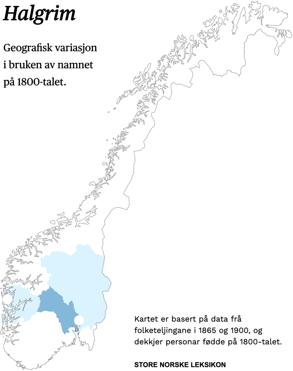 Geografisk variasjon i bruk av namnet Halgrim på 1800-talet.