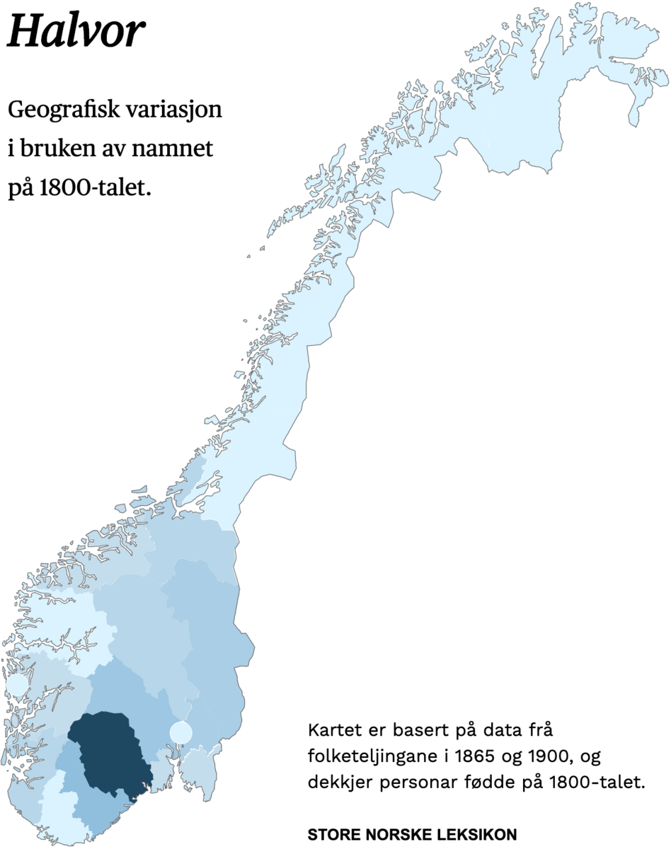 Geografisk variasjon i bruk av namnet Halvor på 1800-talet.