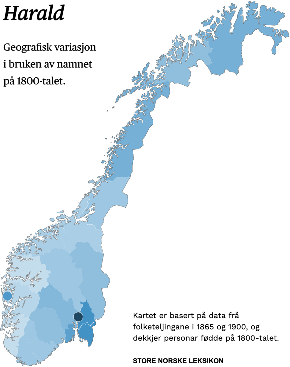 Geografisk variasjon i bruk av namnet Harald på 1800-talet.