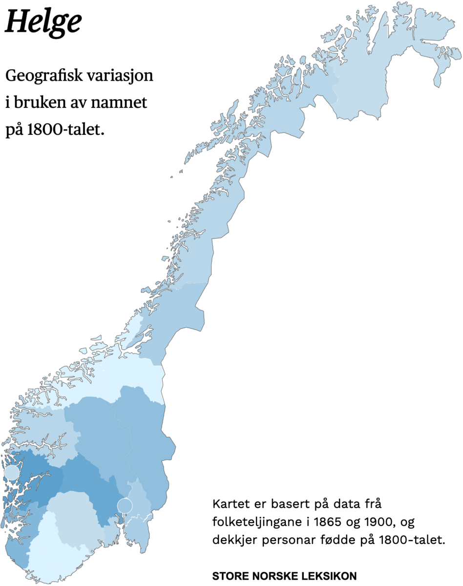 Geografisk variasjon i bruk av namnet Helge på 1800-talet.