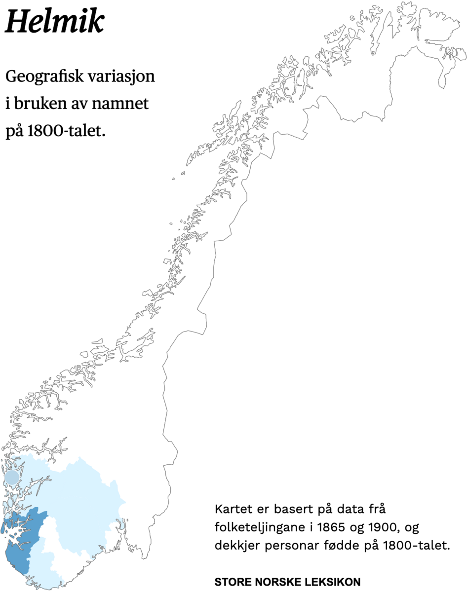 Geografisk variasjon i bruk av namnet Helmik på 1800-talet.
