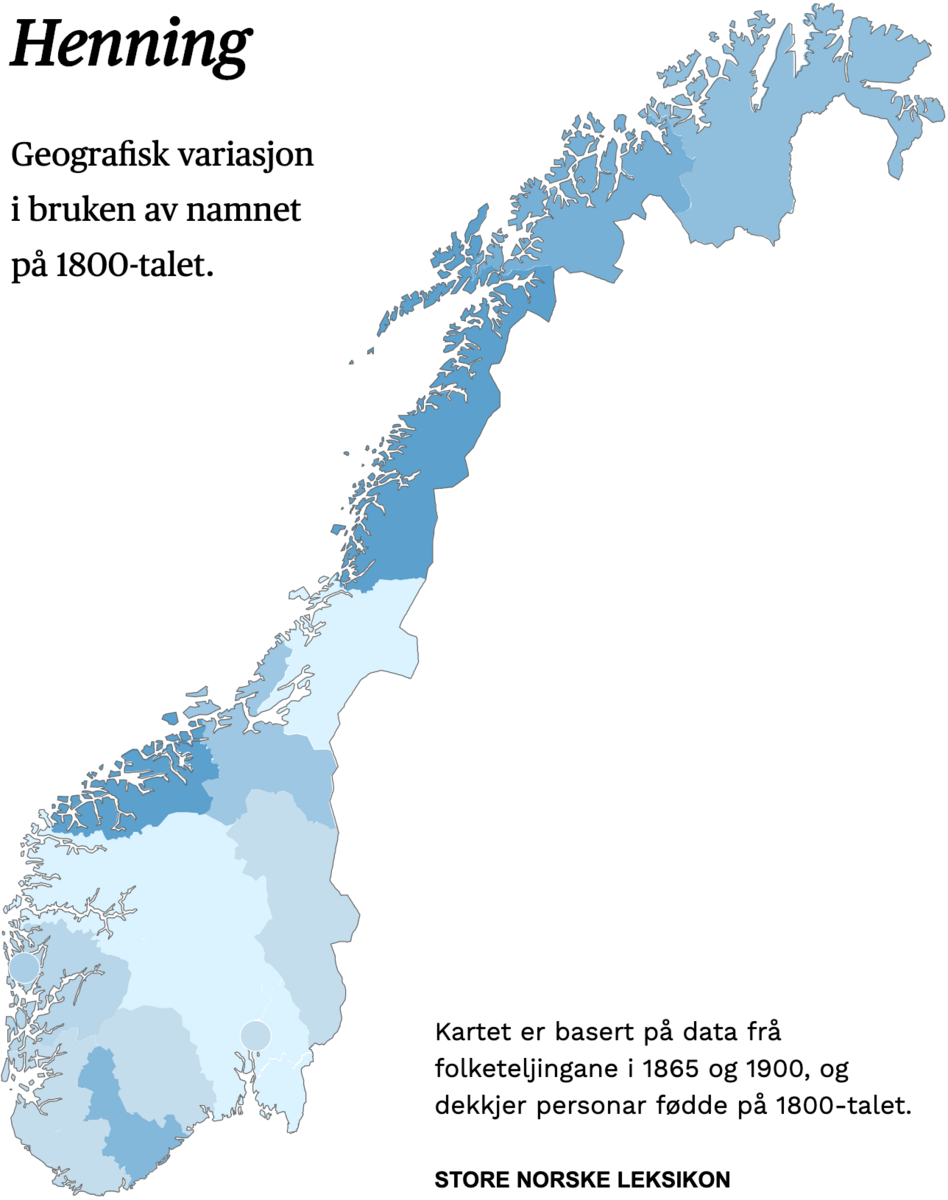 Geografisk variasjon i bruk av namnet Henning på 1800-talet.