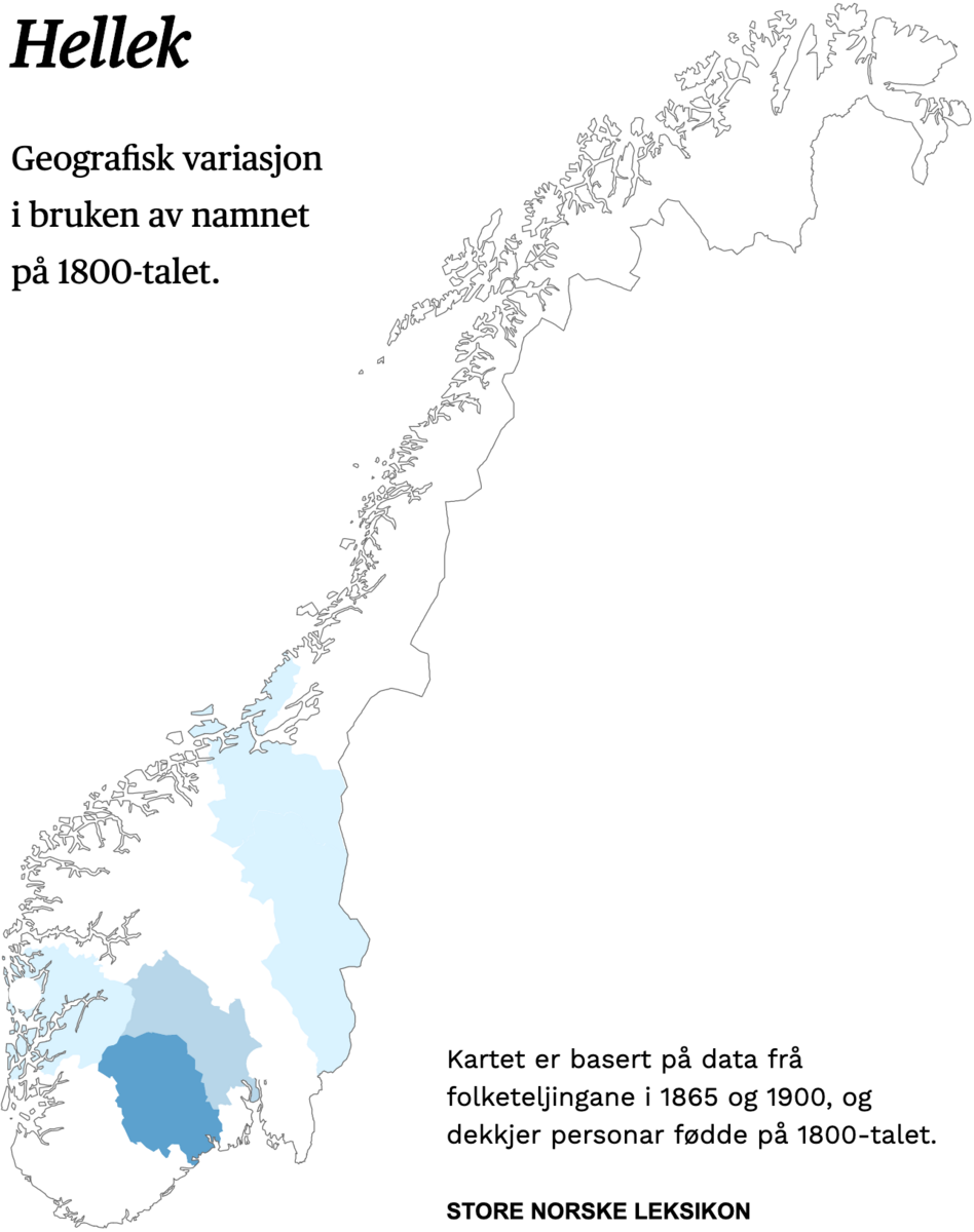 Geografisk variasjon i bruk av namnet Hellek på 1800-talet.