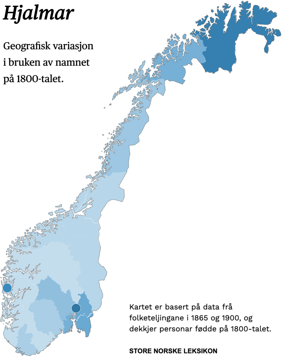 Geografisk variasjon i bruk av namnet Hjalmar på 1800-talet.
