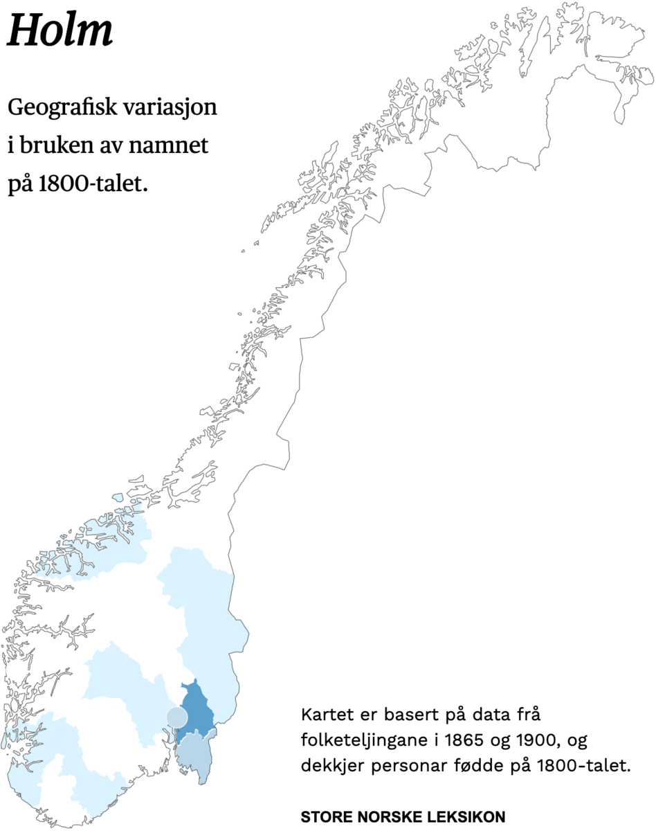 Geografisk variasjon i bruk av namnet Holm på 1800-talet.
