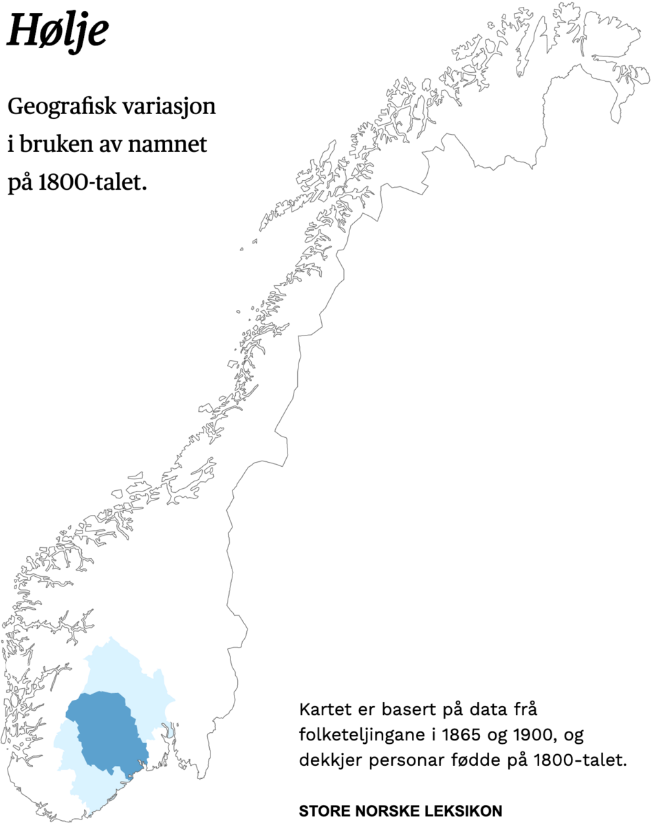Geografisk variasjon i bruk av namnet Hølje på 1800-talet.