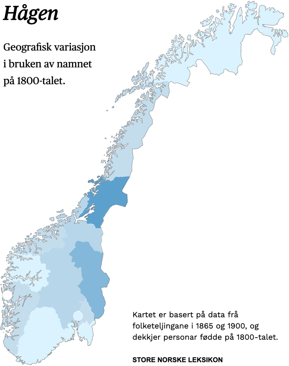 Geografisk variasjon i bruk av namnet Hågen på 1800-talet.