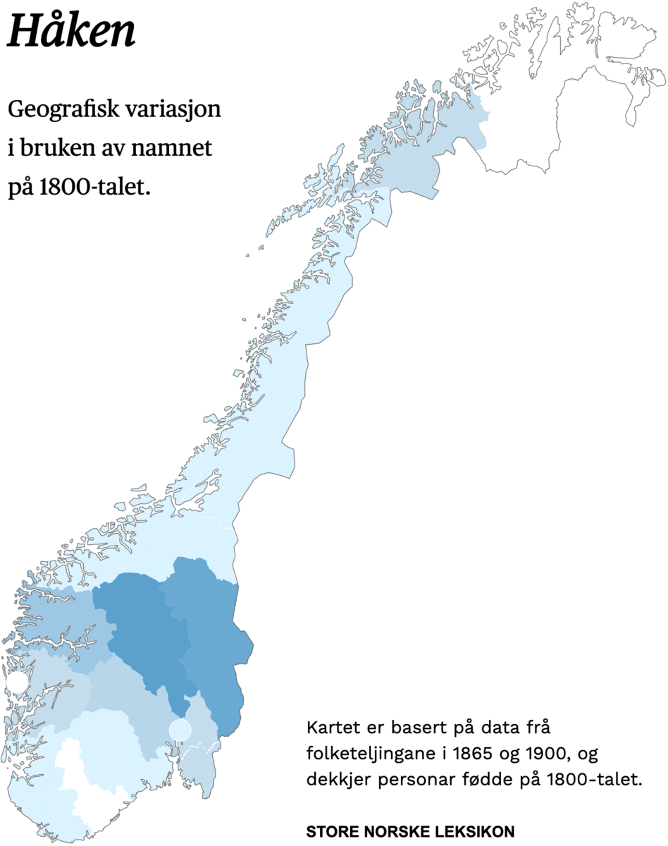 Geografisk variasjon i bruk av namnet Håken på 1800-talet.