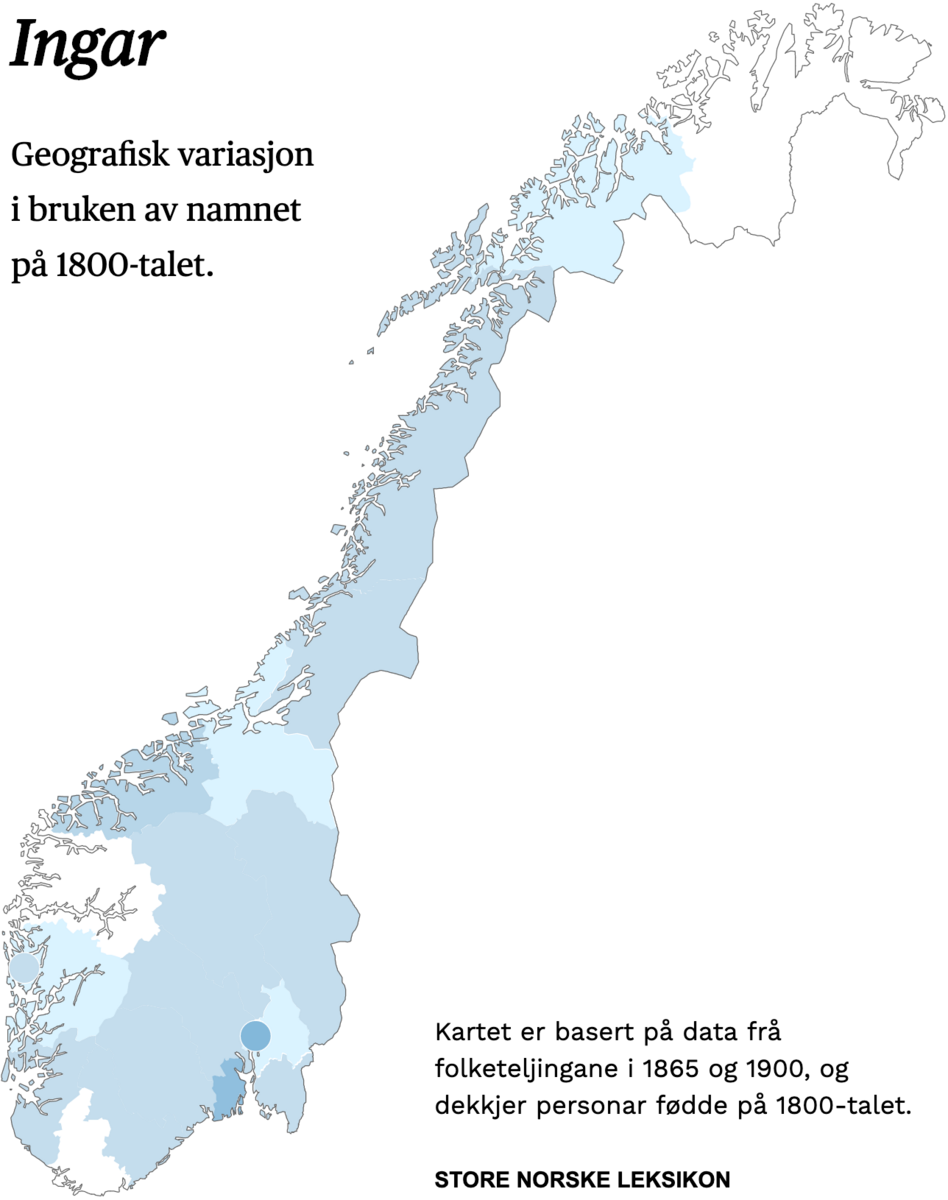 Geografisk variasjon i bruk av namnet Ingar på 1800-talet.