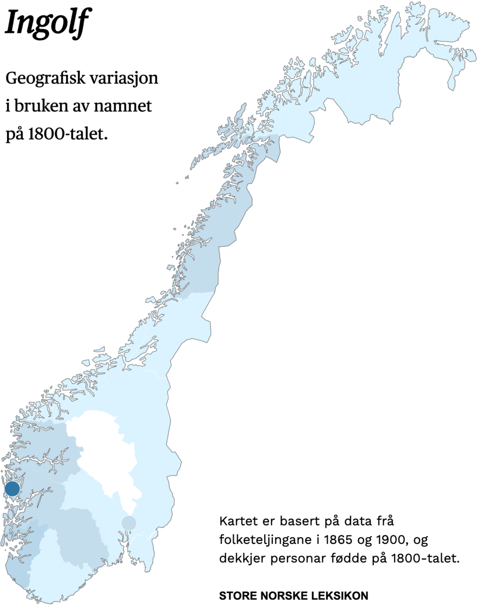 Geografisk variasjon i bruk av namnet Ingolf på 1800-talet.