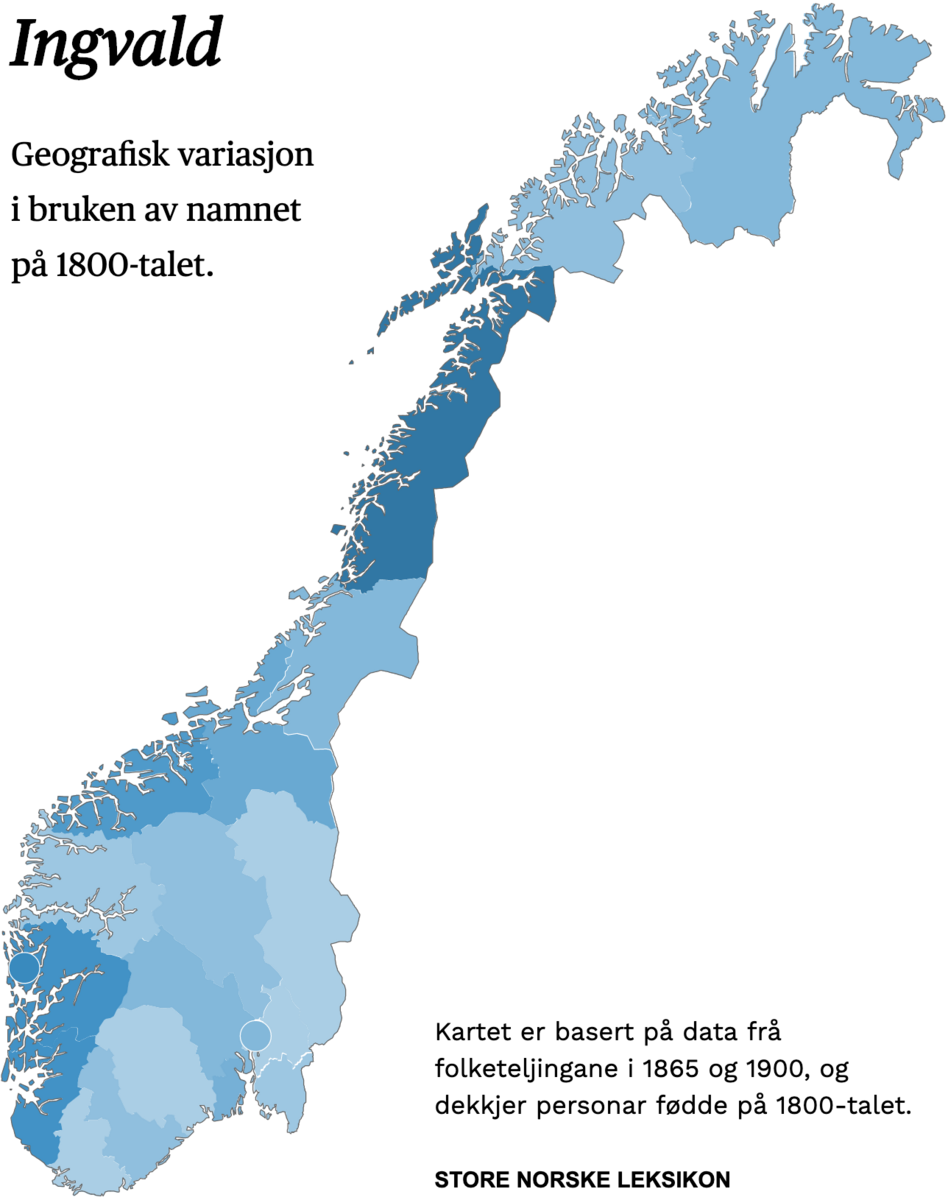 Geografisk variasjon i bruk av namnet Ingvald på 1800-talet.