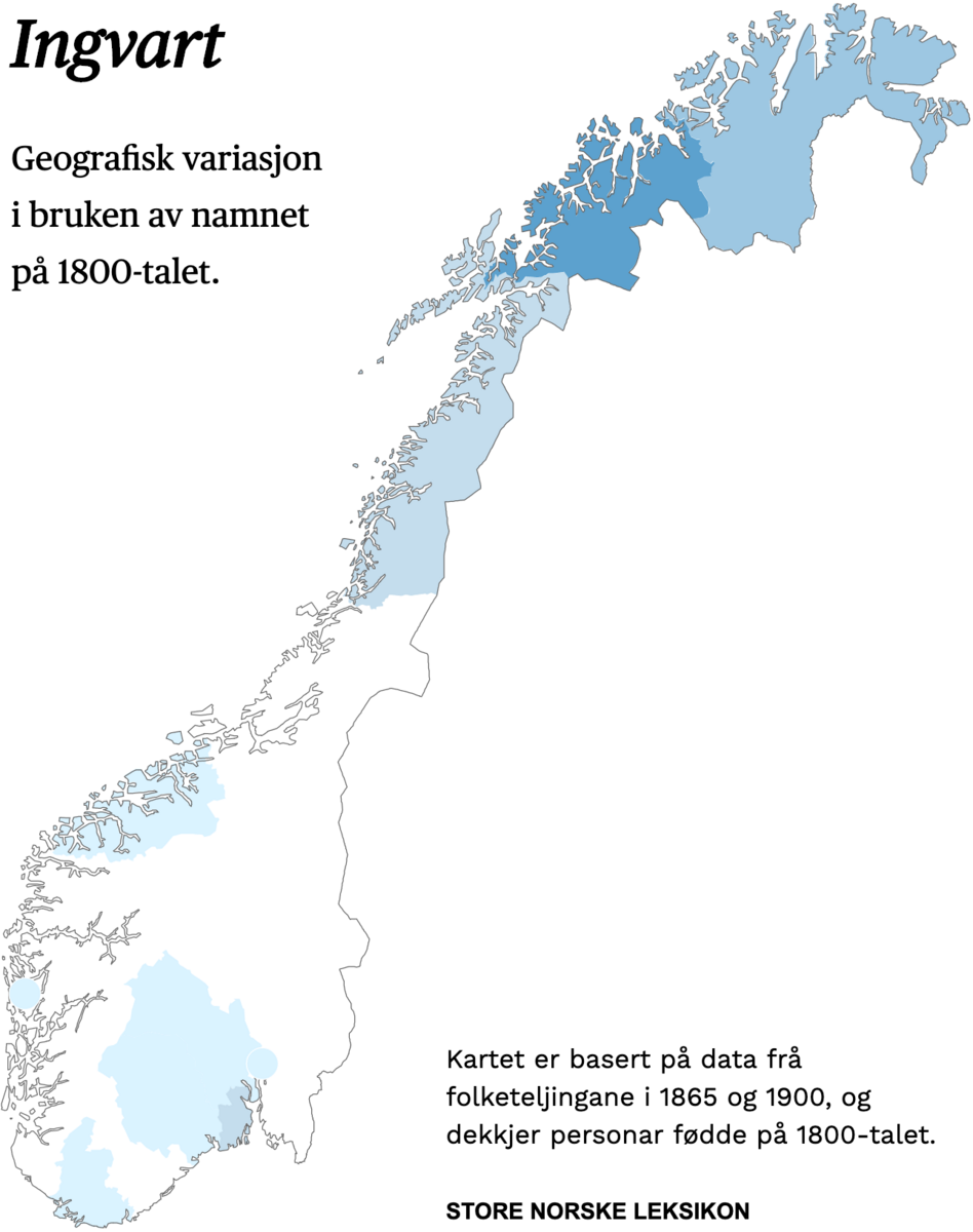 Geografisk variasjon i bruk av namnet Ingvart på 1800-talet.