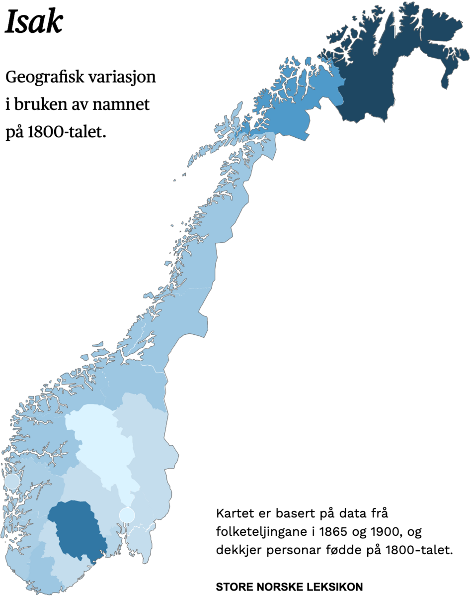 Geografisk variasjon i bruk av namnet Isak på 1800-talet.