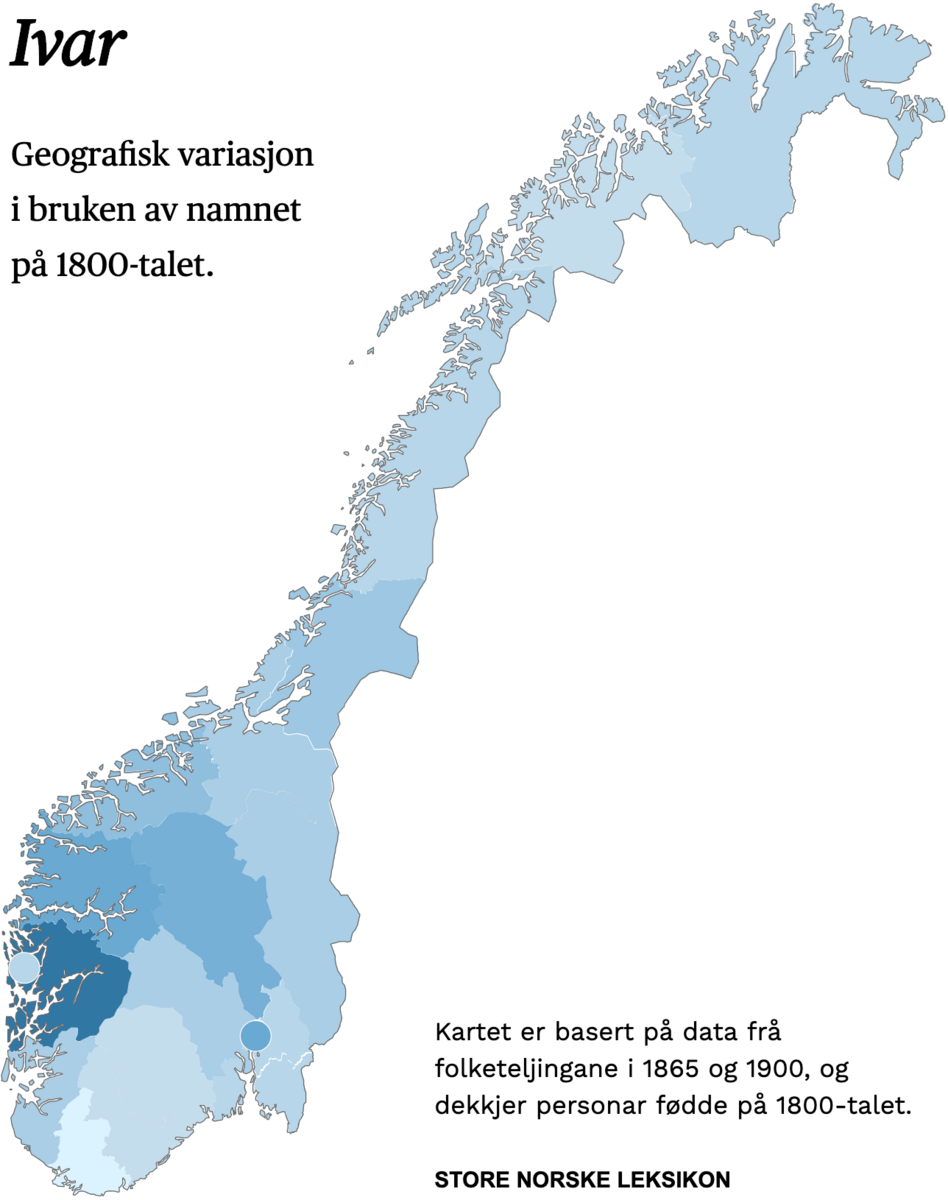 Geografisk variasjon i bruk av namnet Ivar på 1800-talet.