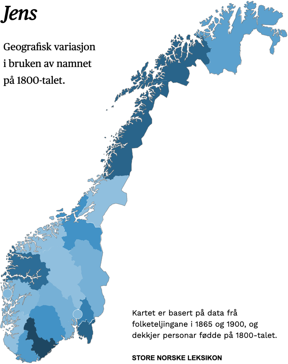 Geografisk variasjon i bruk av namnet Jens på 1800-talet.