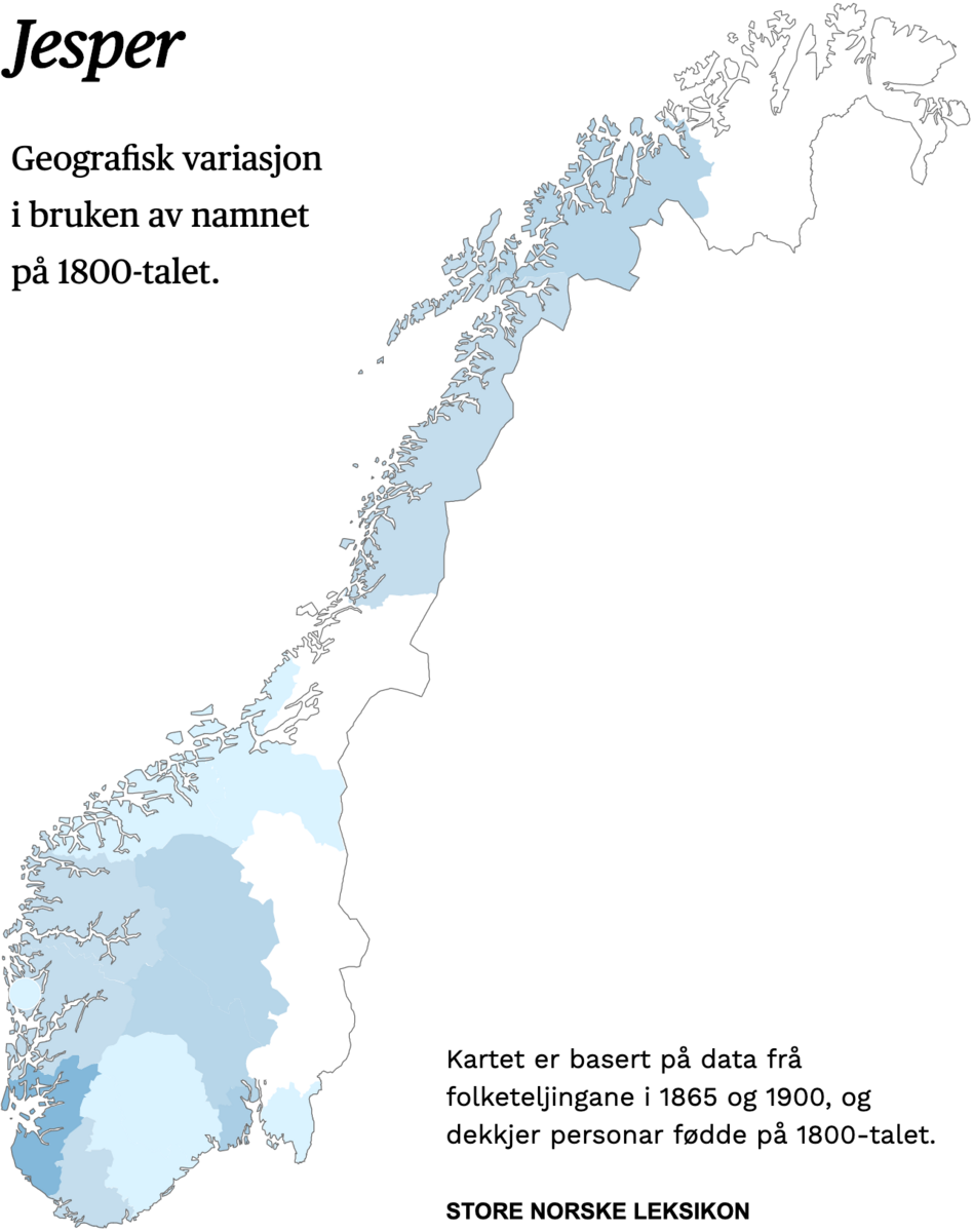 Geografisk variasjon i bruk av namnet Jesper på 1800-talet.