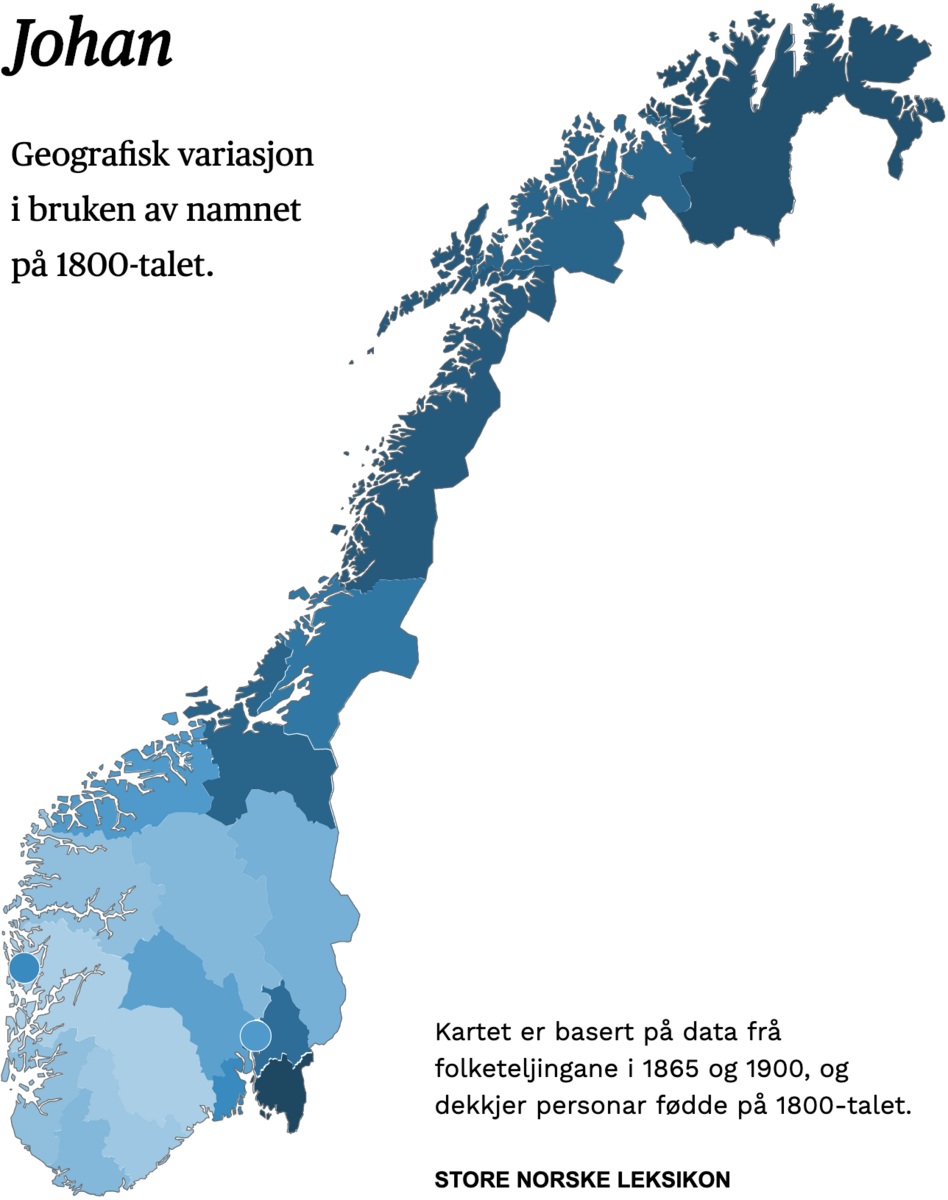 Geografisk variasjon i bruk av namnet Johan på 1800-talet.