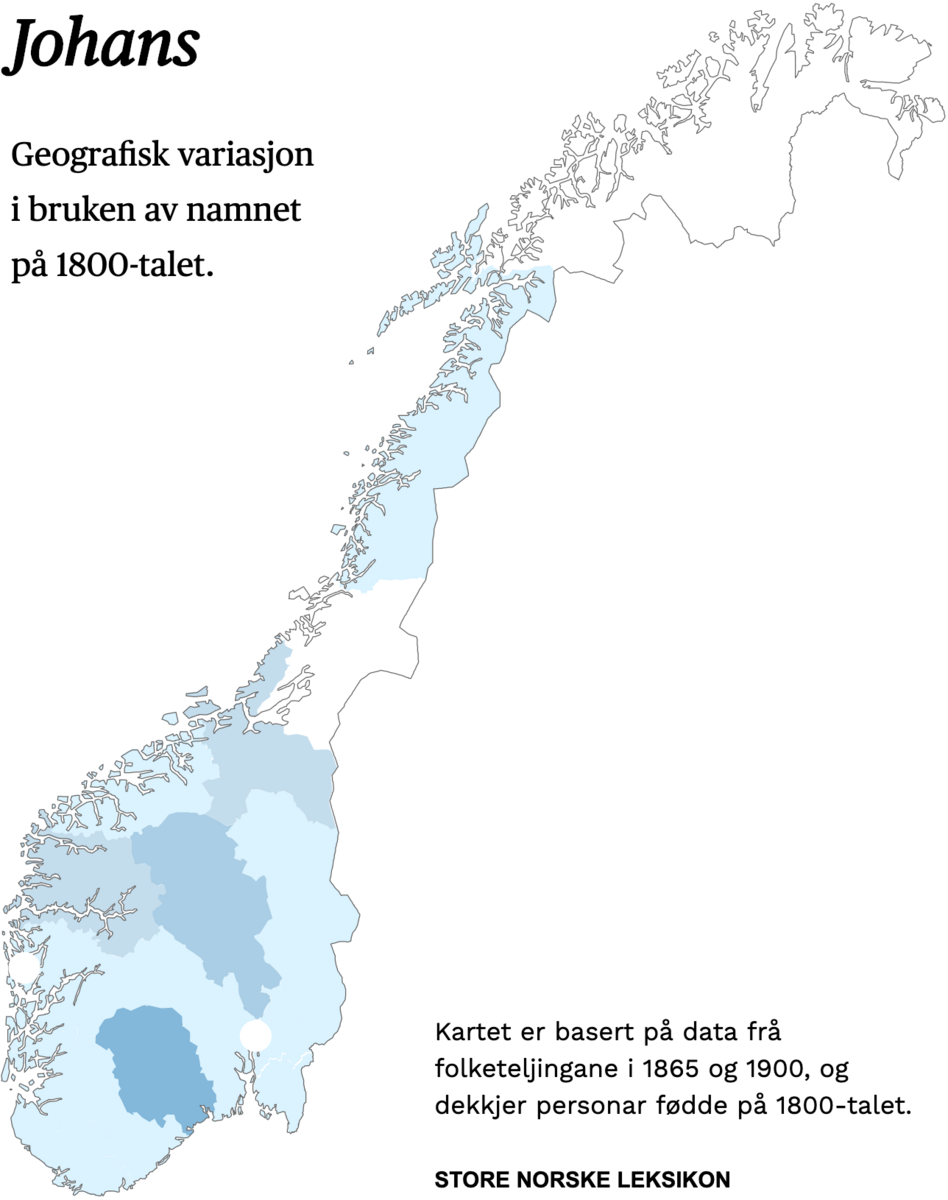 Geografisk variasjon i bruk av namnet Johans på 1800-talet.