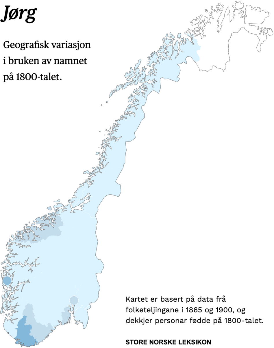 Geografisk variasjon i bruk av namnet Jørg på 1800-talet.