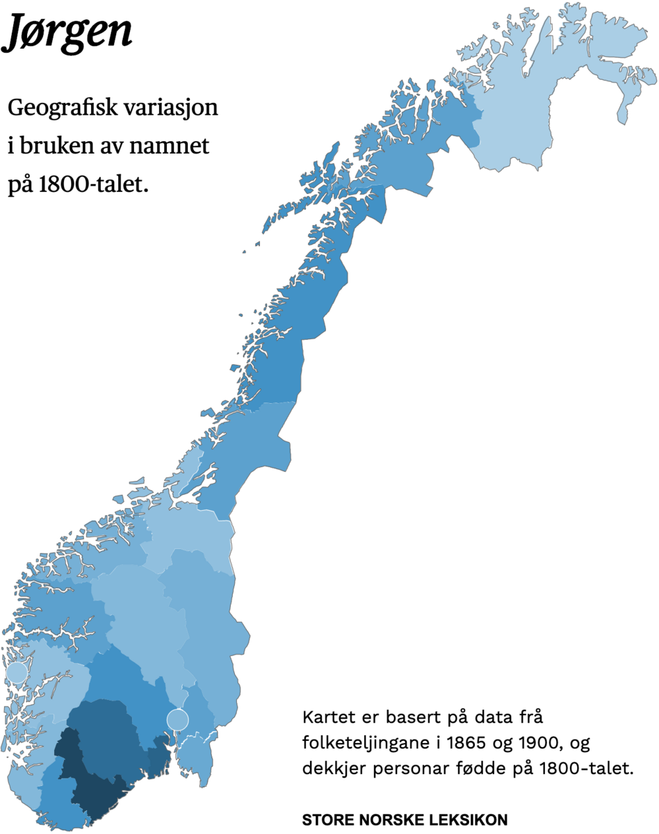 Geografisk variasjon i bruk av namnet Jørgen på 1800-talet.