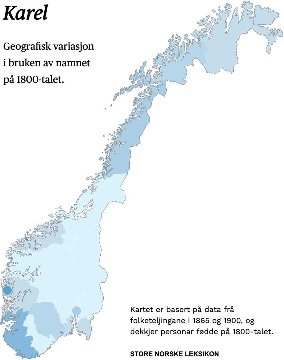 Geografisk variasjon i bruk av namnet Karel på 1800-talet.