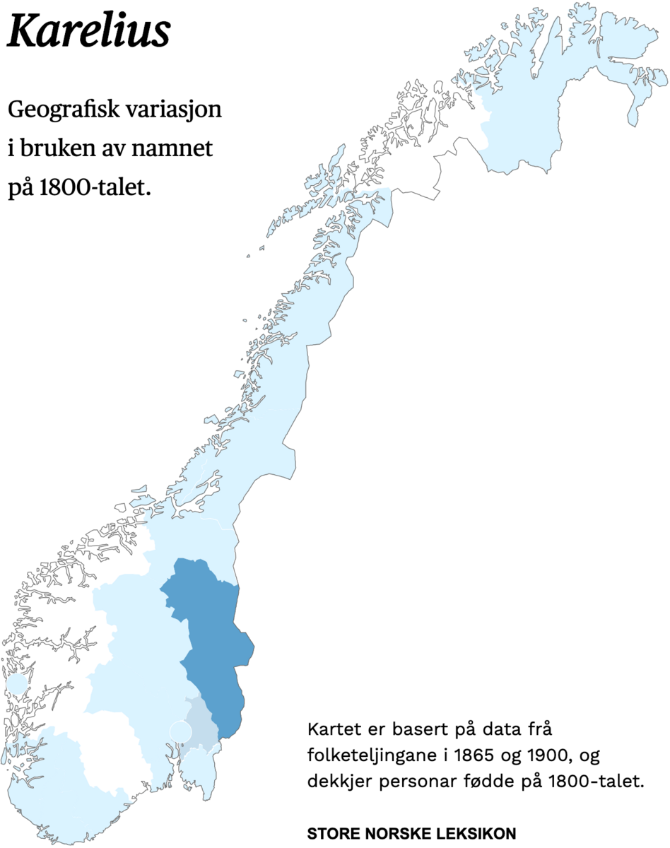 Geografisk variasjon i bruk av namnet Karelius på 1800-talet.
