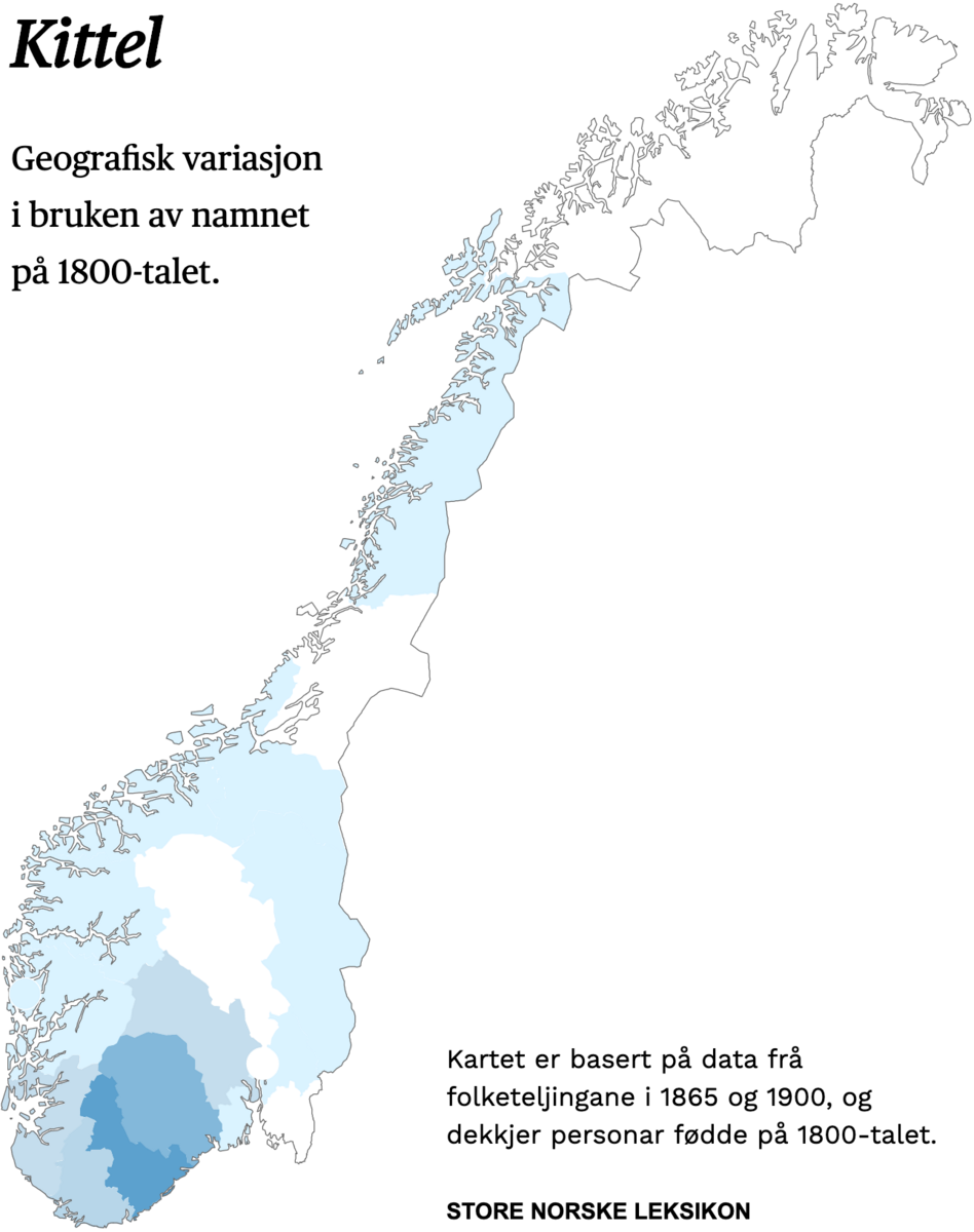 Geografisk variasjon i bruk av namnet Kittel på 1800-talet.
