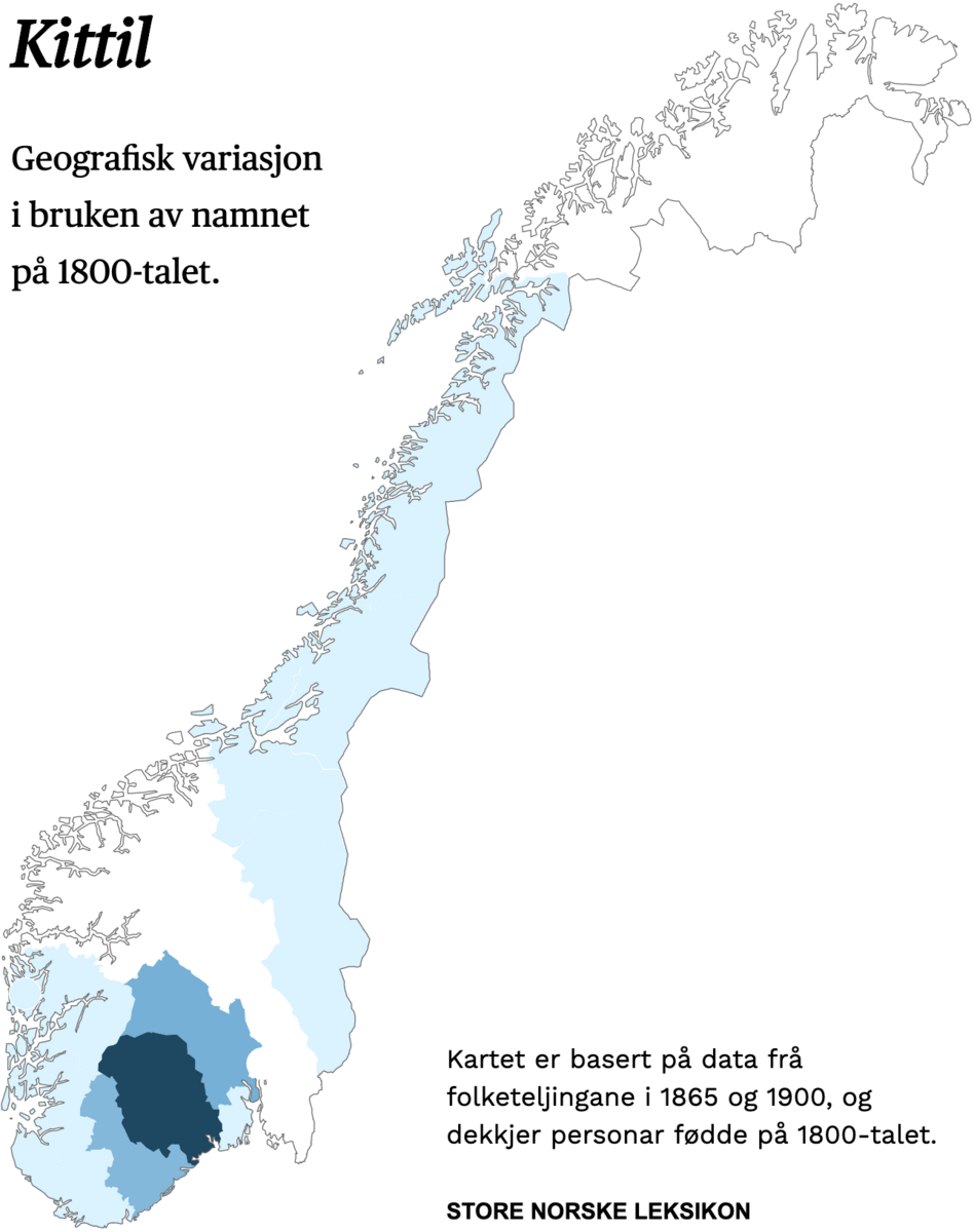 Geografisk variasjon i bruk av namnet Kittil på 1800-talet.