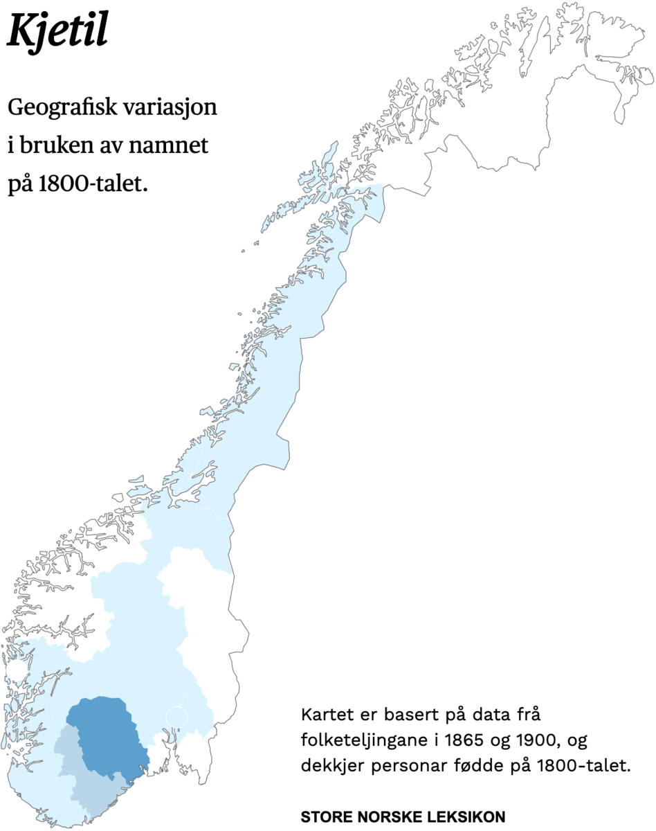 Geografisk variasjon i bruk av namnet Kjetil på 1800-talet.